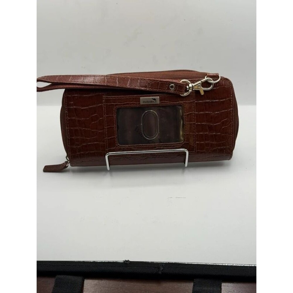 WalletBe Brown Croco Embossed Leather Double Accordion Clutch Wallet ID Window